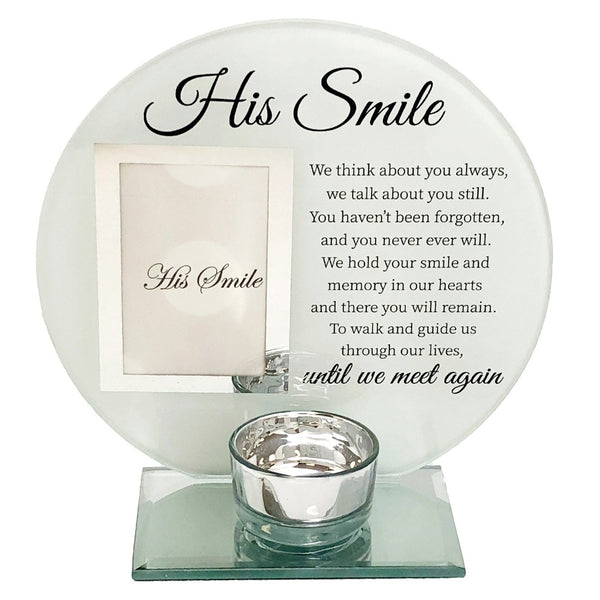 His Smile Glass Photo Frame & Tealight Candle Holder Memorial Plaque Glass Photo Frame with Tea Light Holder - His Smile Remembrance Keepsake tribute