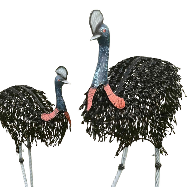 Set of 2 Assorted Large Black Metal Cassowary Couple Garden Statues