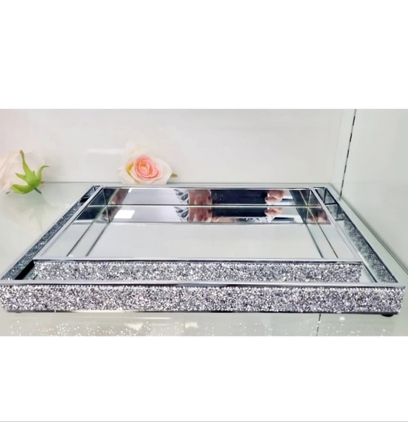 Set 2 Silver Rectangle Sparkling Crystal Diamantes Frame Decorative Mirror Trays