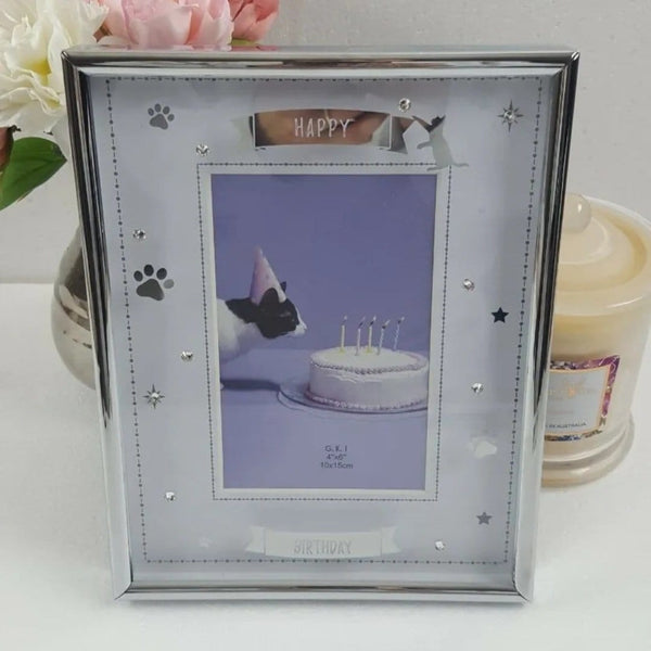 Silver Cat Happy Birthday Photo Frame & Trim Border