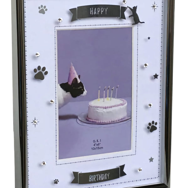 Silver Trim Cat Happy Birthday Photo Frame & Paw Prints Motif