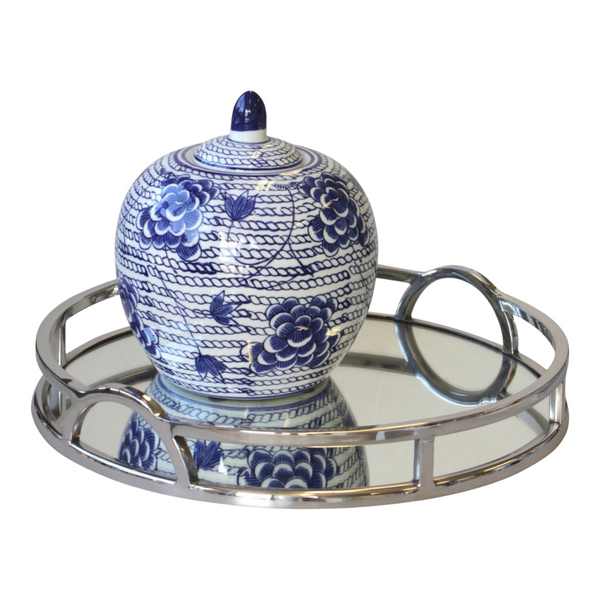 Large Silver Plated Round Decorative Deluxe Mirror Tray & Arch Handles Home decor Palm Gifts