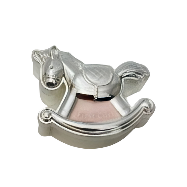 Set 2 Pink & Shiny Silver Rocking Horse Baby Girl First Tooth & Curl Keepsake In Satin Gift Box Palm Gifts