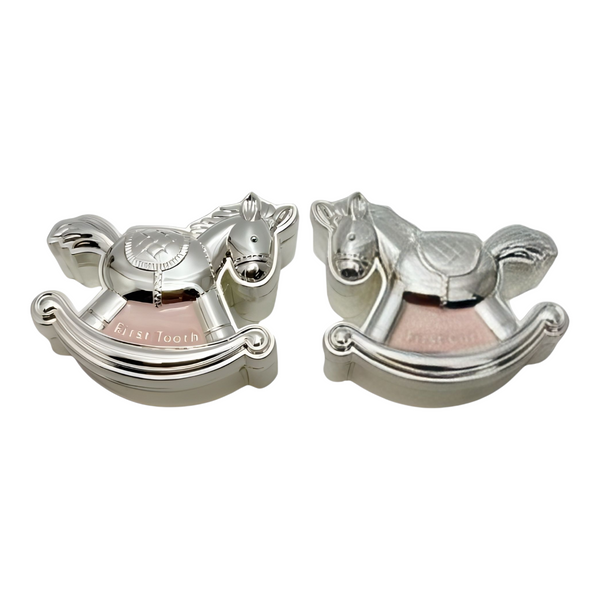 Set 2 Pink & Shiny Silver Rocking Horse Baby Girl First Tooth & Curl Keepsake In Satin Gift Box Palm Gifts
