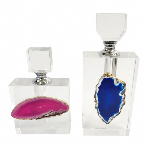 Set 2 Agate Clear Crystal Cut Glass Pink & Blue Vanity Decor Perfume Bottles