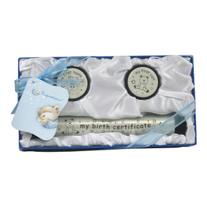 3 Piece Blue Birth Certificate Holder, My First Tooth & My First Curl Keepsake