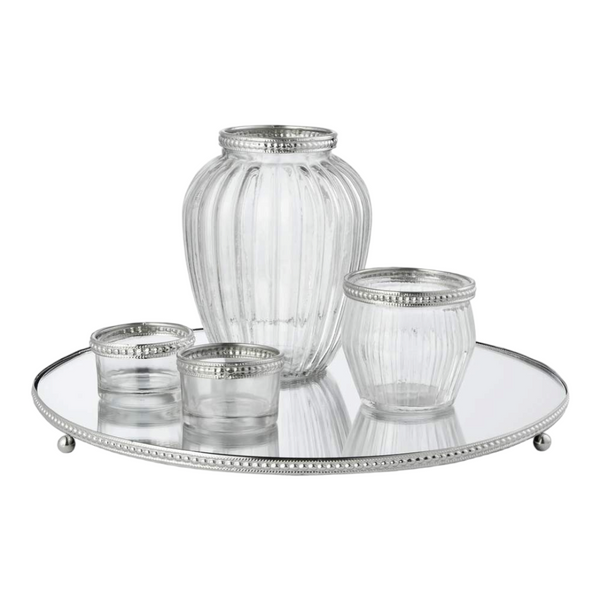 5 Piece Clear Glass Flower Vase, Candle Holders & Decorative Tabletop Mirror Tray Set