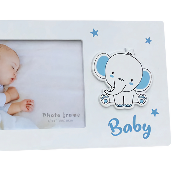 Blue & White Baby Boy Wooden Elephant & Stars Photo Frame