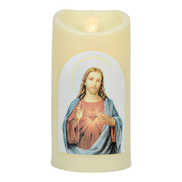 Ivory Sacred Heart Jesus Christ Religious LED Light Up Swing Candle Round Ivory Flameless Plastic Swing LED Pillar Candle