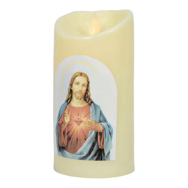 Ivory Sacred Heart Jesus Christ Religious LED Light Up Swing Candle Round Ivory Flameless Plastic Swing LED Pillar Candle