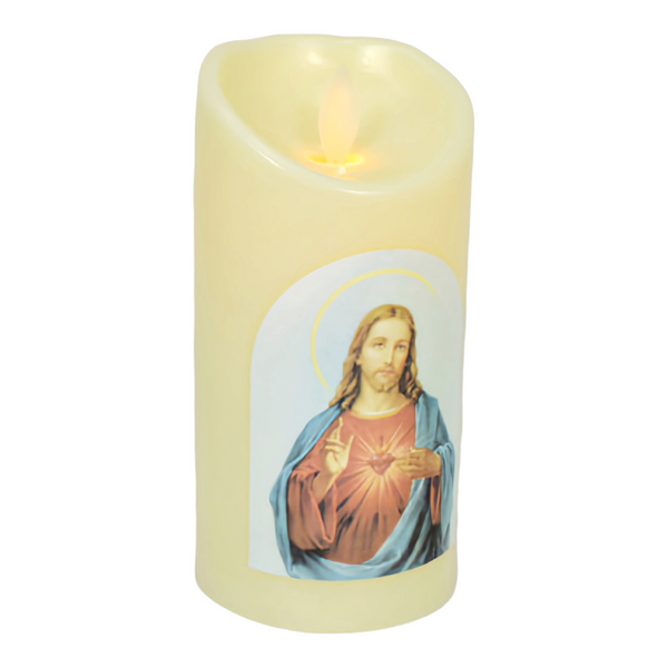 Ivory Sacred Heart Jesus Christ Religious LED Light Up Swing Candle Round Ivory Flameless Plastic Swing LED Pillar Candle