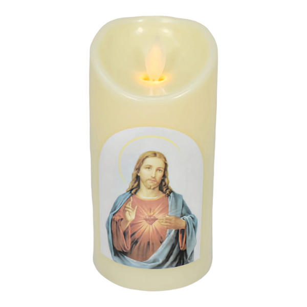 Ivory Sacred Heart Jesus Christ Religious LED Light Up Swing Candle Round Ivory Flameless Plastic Swing LED Pillar Candle