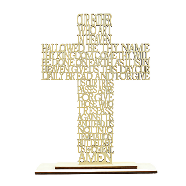 Wooden Religious Laser Cut The Lords Prayer Standing Cross on Base Stand religious laser cut writing prayer ornament plaque standing cross