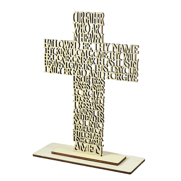 Wooden Religious Laser Cut The Lords Prayer Standing Cross on Base Stand religious laser cut writing prayer ornament plaque standing cross