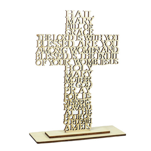 Wooden Religious Laser Cut Hail Mary Prayer Standing Cross on Base Stand religious laser cut writing prayer ornament plaque standing cross