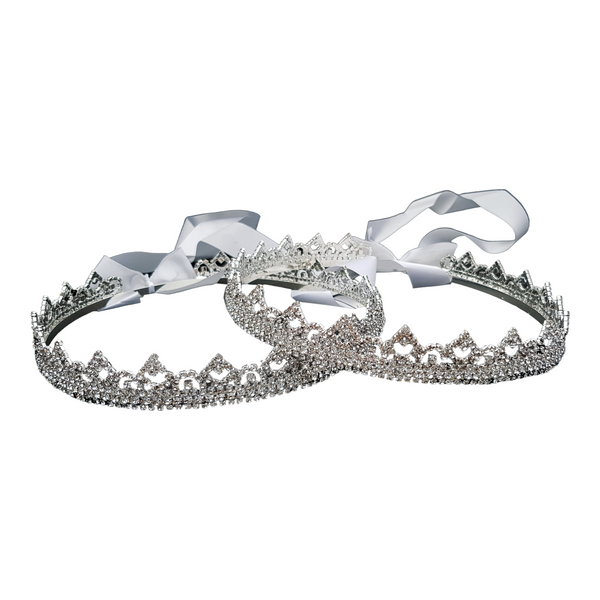 Set 2 Wedding Stefana Crowns with Royal Crystal Diamantes & Ribbons in White Satin Lined Box