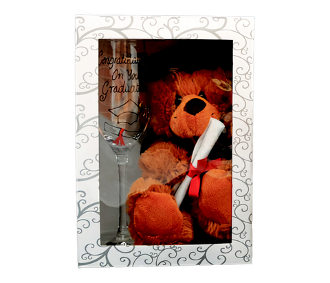 Graduation Teddy Bear & Champagne Glass Flute In Gift Box Set