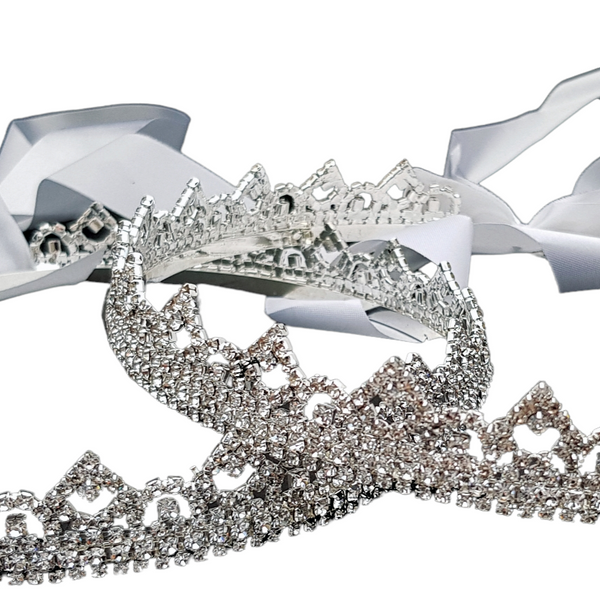Set Orthodox Wedding Diamante royal RHINESTONES Stefana Crowns with Ribbons in White Satin Lined Box