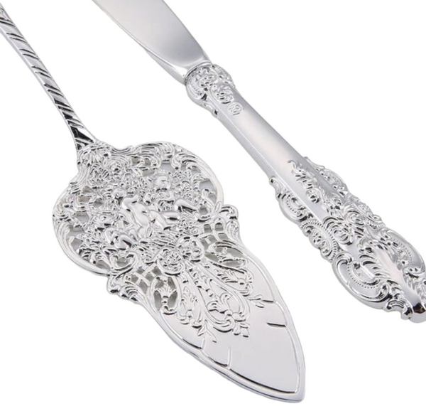 Wedding bridal engagement Cake Server & Knife Set stainless Steel blades in gift Box with bling silver classy crystal filled beads beaded handles and crystal diamante rhinestones crystalline filled beaded beads filigree ornate handles Handle Gift Box