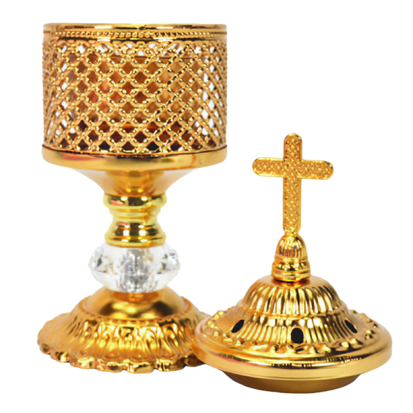 Orthodox Gold Round Religious Incense Burner with Cross Top