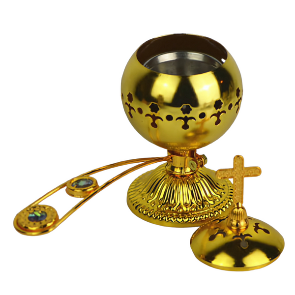 Orthodox Gold Round Religious Incense Burner with Crystal Cross Top & Handle