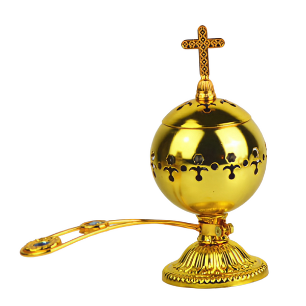 Orthodox Gold Round Religious Incense Burner with Crystal Cross Top & Handle