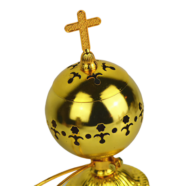 Orthodox Gold Round Religious Incense Burner with Crystal Cross Top & Handle
