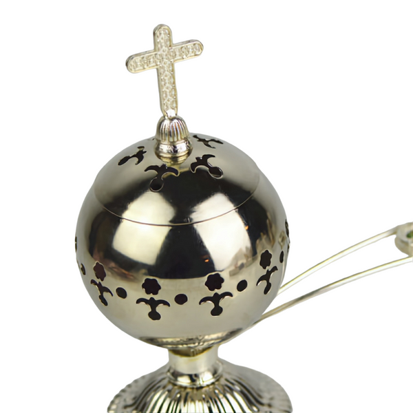 Orthodox Silver Round Religious Incense Burner with Crystal Cross Top & Handle