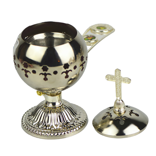 Orthodox Silver Round Religious Incense Burner with Crystal Cross Top & Handle