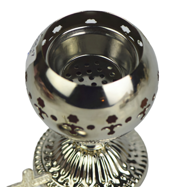 Orthodox Silver Round Religious Incense Burner with Crystal Cross Top & Handle