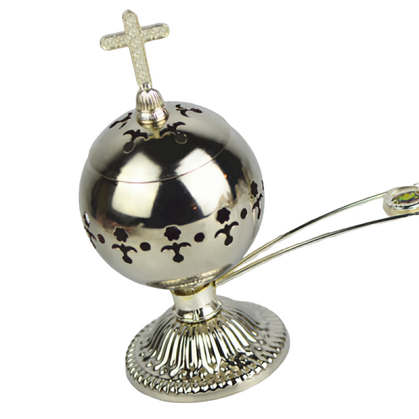 Orthodox Silver Round Religious Incense Burner with Crystal Cross Top & Handle