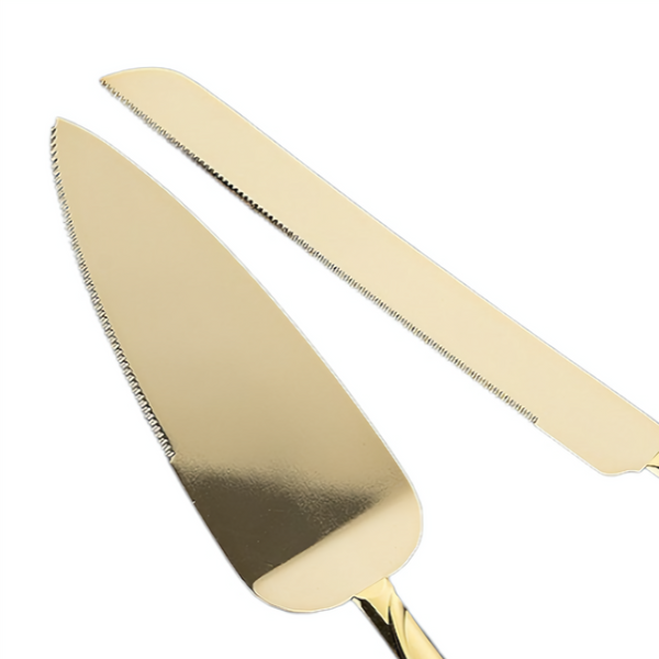 Set 2 Gold Cake Server & Knife with Double Binding Crystal Diamantes Love Hearts Handles