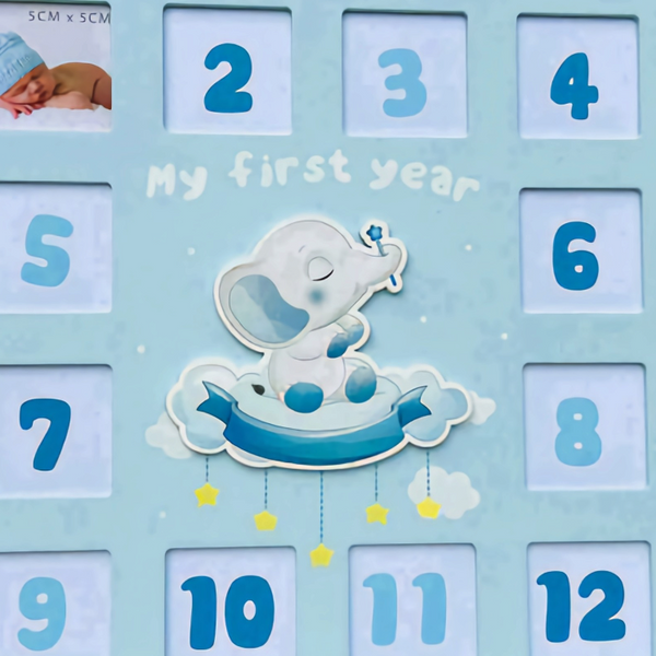 Elephant Blue Baby Boy My First Year Square Multi Photo Frame collage Blue Baby Boys First 12 Months Multi Photo Frame Blue Baby Boy Photo Frame & Elephant Motif Nursery Newborn Baby Shower Gift wood wooden