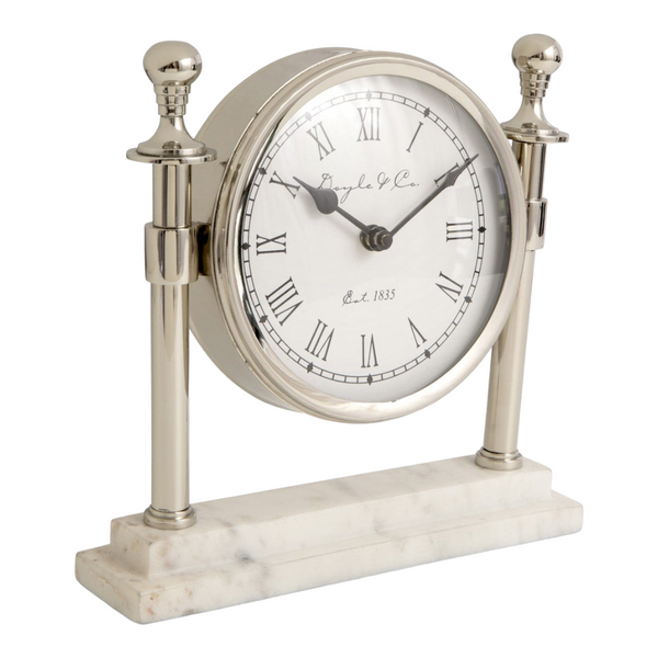 Silver Round Column Mantel Clock On White Marble Base