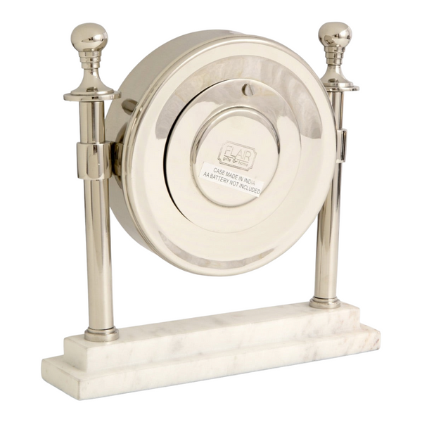 Silver Round Column Mantel Clock On White Marble Base