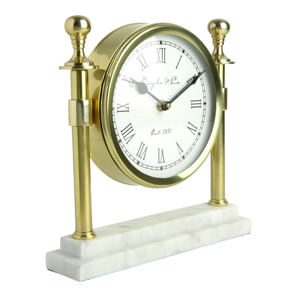 Gold Round Column Mantel Clock On White Marble Base