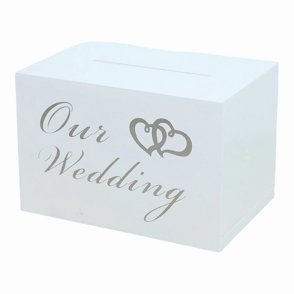 White Wooden Double Hearts Our Wedding Wishing Well Money Gift Card Box