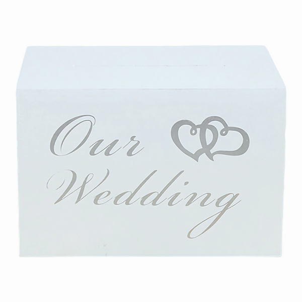 White Wooden Double Hearts Our Wedding Wishing Well Money Gift Card Box