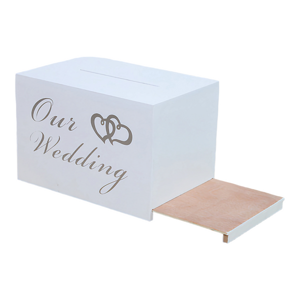 White Wooden Double Hearts Our Wedding Wishing Well Money Gift Card Box