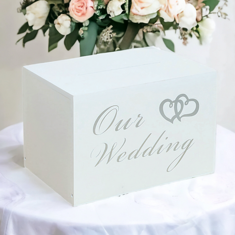 White Wooden Double Hearts Our Wedding Wishing Well Money Gift Card Box