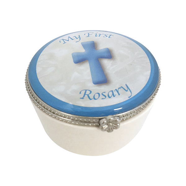 Set Blue Baby Boy My First Glass Rosary Beads & Porcelain Trinket Box