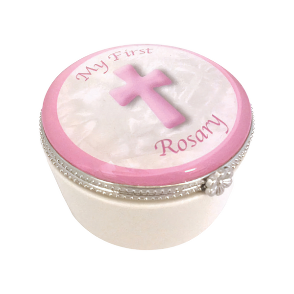 Set Pink Baby Girl My First Glass Rosary Beads & Porcelain Trinket Box