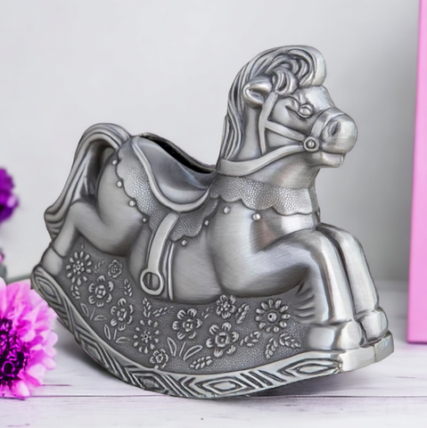 Children's Silver Pewter Rocking Horse Money Box