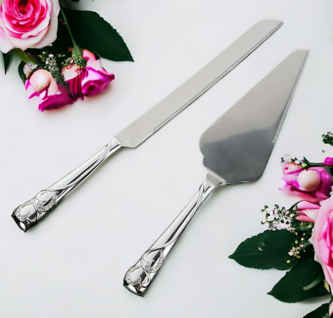 Set 2 Silver Cake Server & Knife with Binding Crystal Diamantes Double Hearts Handles