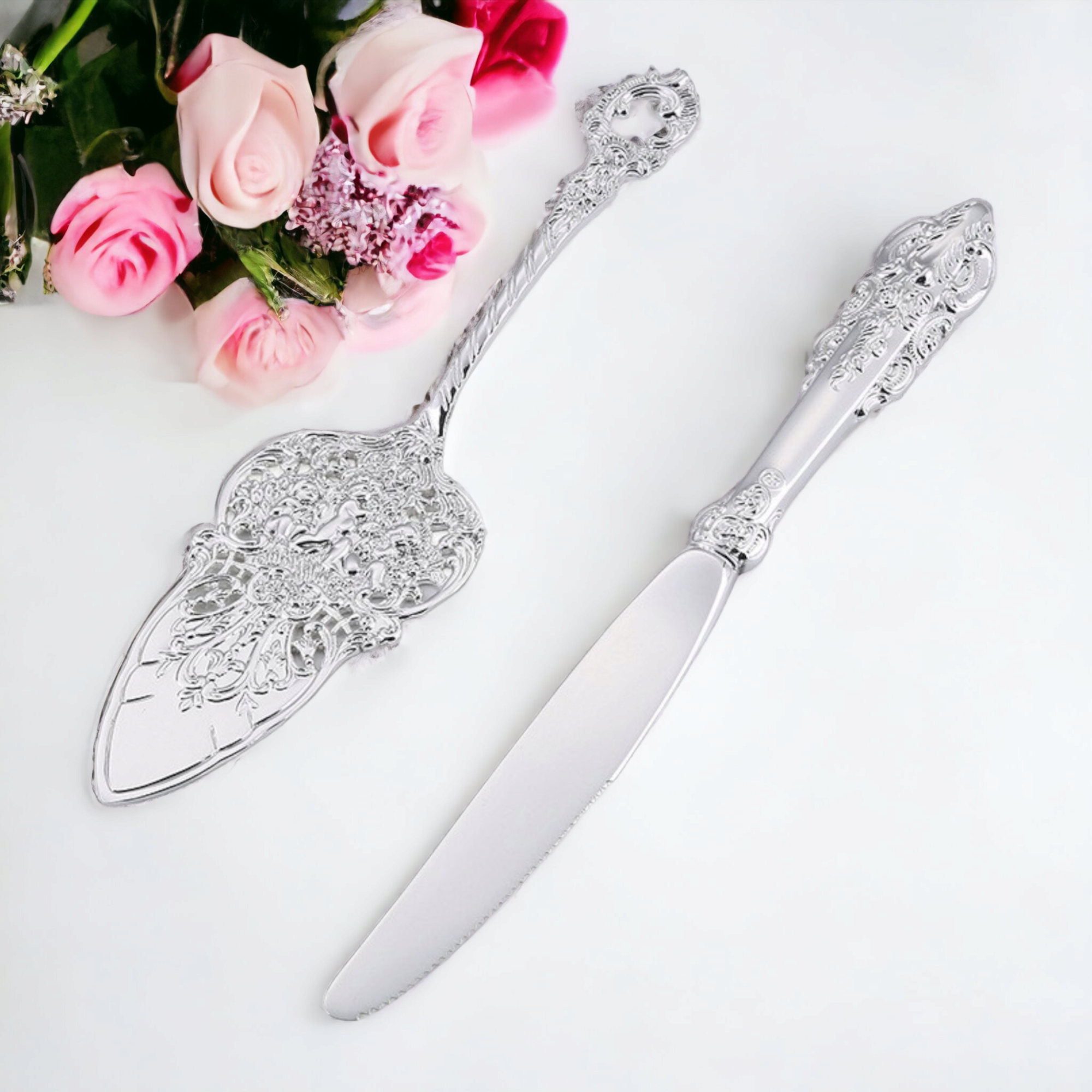 Wedding bridal engagement Cake Server & Knife Set stainless Steel blades in gift Box with bling silver classy crystal filled beads beaded handles and crystal diamante rhinestones crystalline filled beaded beads filigree ornate handles Handle Gift Box