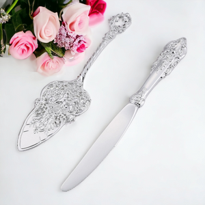 Wedding bridal engagement Cake Server & Knife Set stainless Steel blades in gift Box with bling silver classy crystal filled beads beaded handles and crystal diamante rhinestones crystalline filled beaded beads filigree ornate handles Handle Gift Box