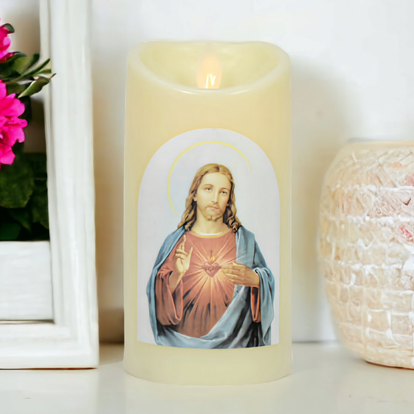 Ivory Sacred Heart Jesus Christ Religious LED Light Up Swing Candle Round Ivory Flameless Plastic Swing LED Pillar Candle