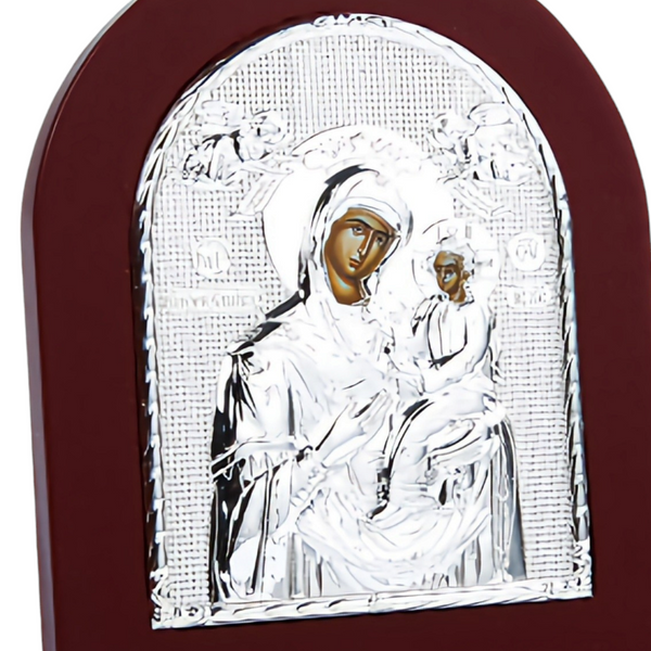 Religious Orthodox Silver Plated Holy Virgin Mother Mary & Jesus Christ Icon Plaque with Red Wood Frame