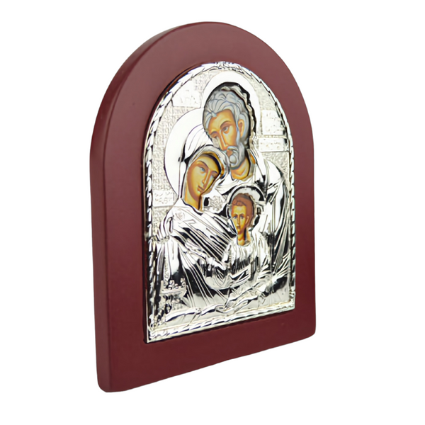 Doxaras Religious Orthodox Silver Plated Holy Family Virgin Mother Mary & Jesus Christ Icon Plaque with Red Wood Frame
