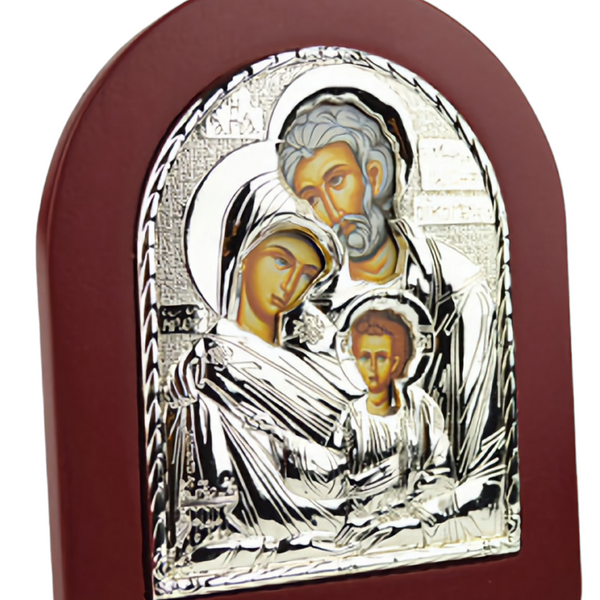 Doxaras Religious Orthodox Silver Plated Holy Family Virgin Mother Mary & Jesus Christ Icon Plaque with Red Wood Frame